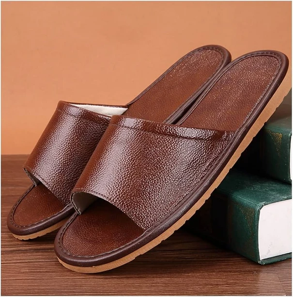 Premium Leather Slide Sandals - Classic Brown Open Toe Comfort Slip-Ons