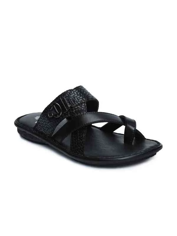 Men's Black Textured Leather Slip-on Sandals - Comfortable Summer Footwear - Black leather slip-on sandals